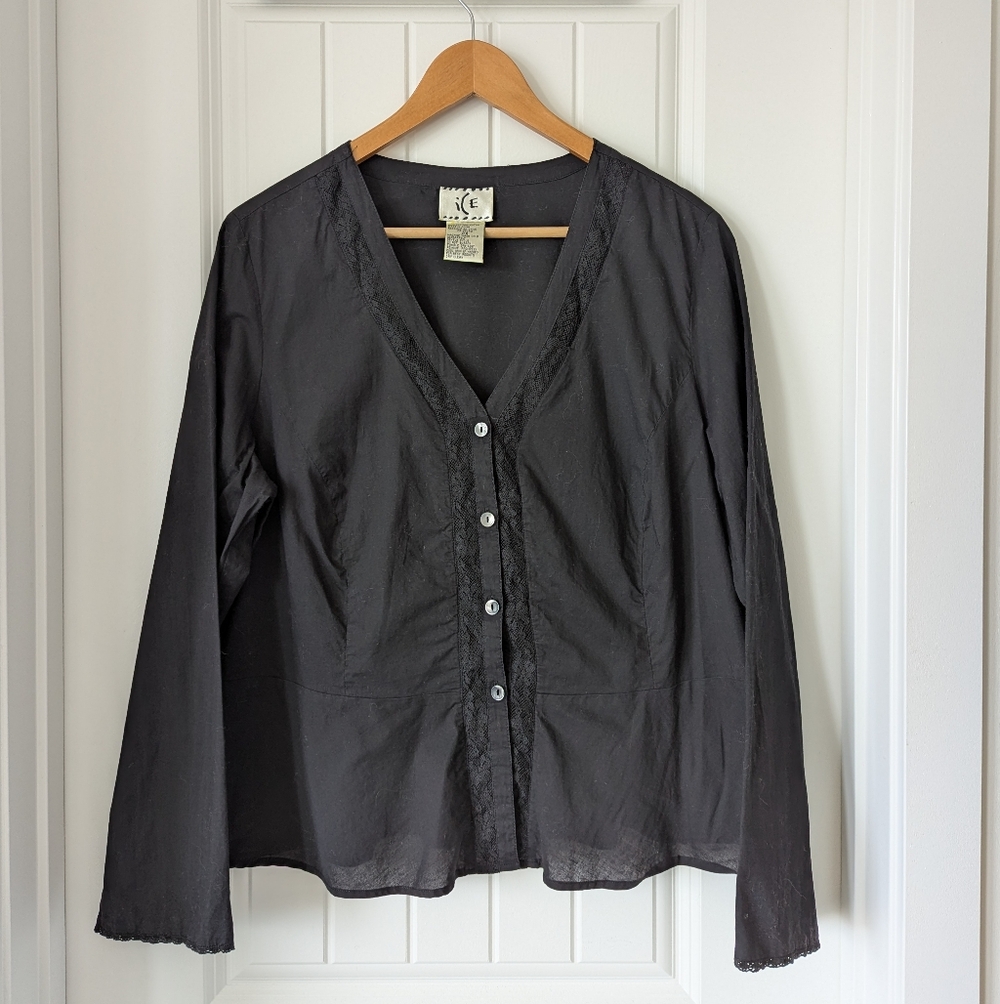 Vintage Black Women's V-Neck Button Front Top 100% Cotton  Lace Peplum Size 2X